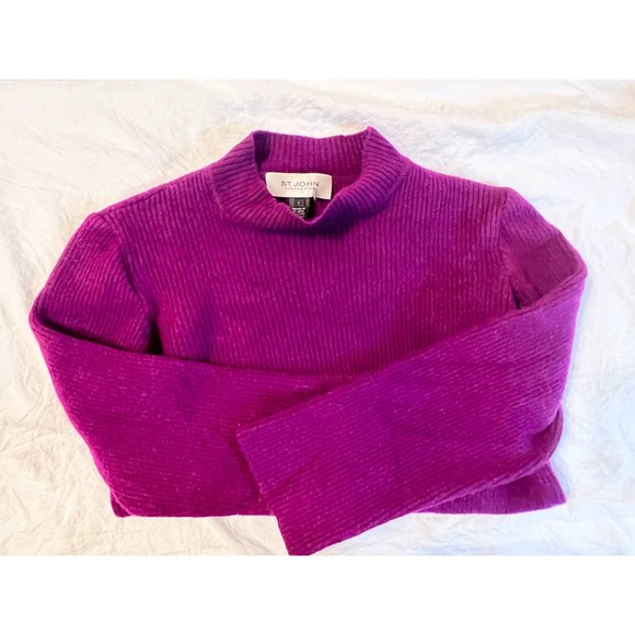 St John Collection Wool Blend Cropped Purple Turtleneck Ribbed Sweater Size L - Picture 2 of 7